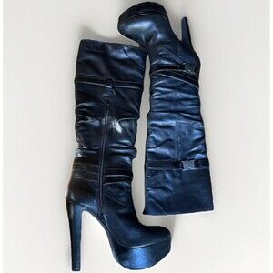 Jessica Simpson Black Leather Platform Stiletto Boots 7.5 Y2K Revival Tall